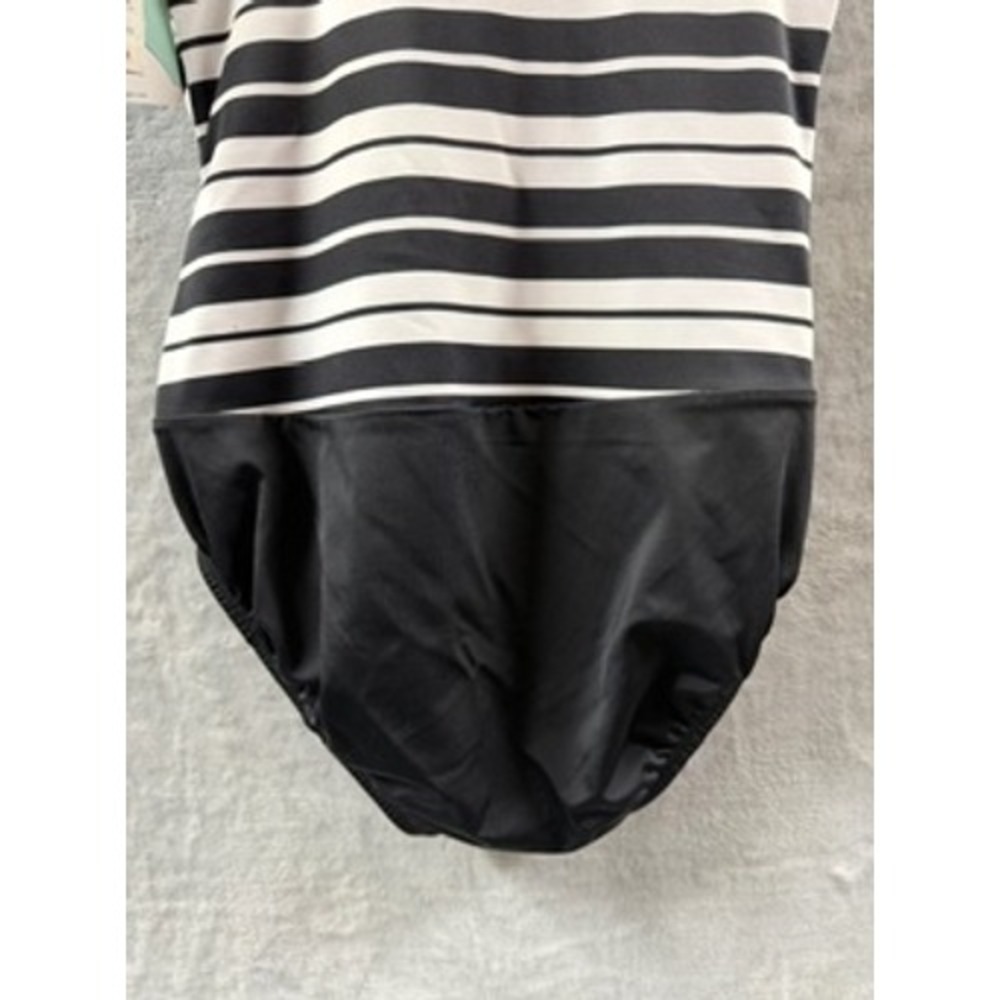 Swim Solutions Women Black White Striped Ruched V-Neck One-Piece Swimsuit NWT 8 - Picture 13 of 14